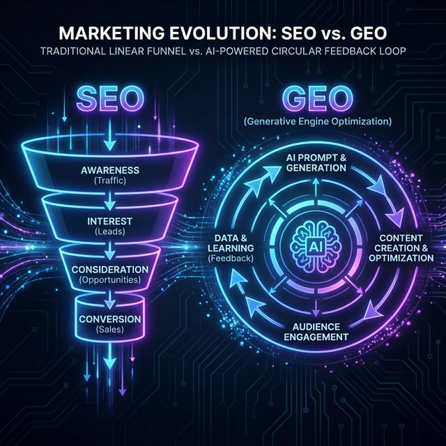 Vergleich: Klassischer SEO-Funnel (links) vs. GEO Feedback-Loop (rechts)